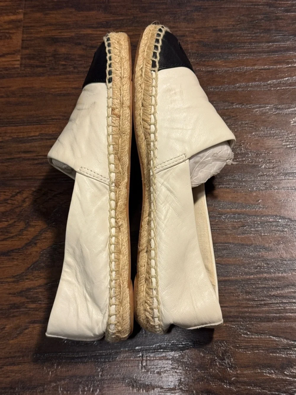 Tory Burch Cream Leather Espadrilles with Black Cap Toe Logo